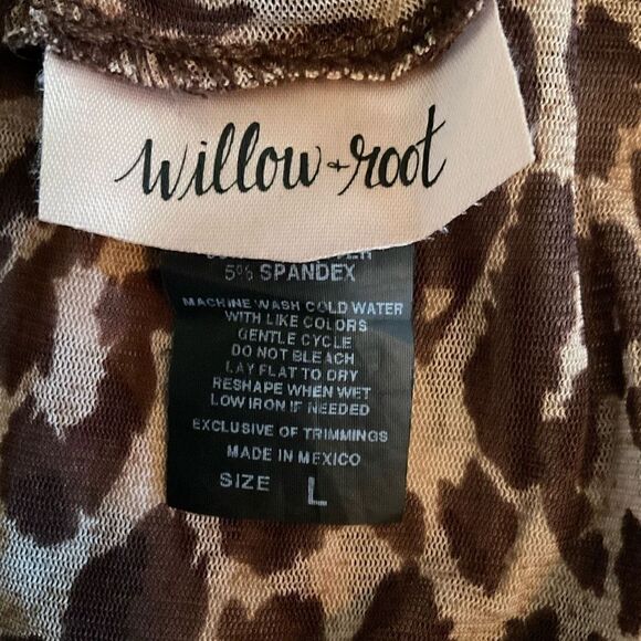 Willow + Root Blouse Sheer Animal Print Tan Brown Raw Edge Hem Cuff Junior Large - Picture 3 of 10